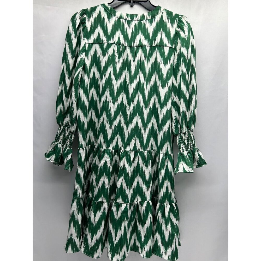Pomander Place Ikat Kenzo Dress XS Green White Chevron Print Tiered V-Neck Ruffl - Picture 7 of 15